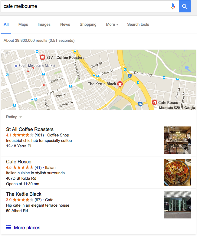 Google My Business search result example