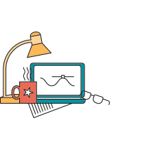 Yellow lamp, red cup, blue computer. Spectacles