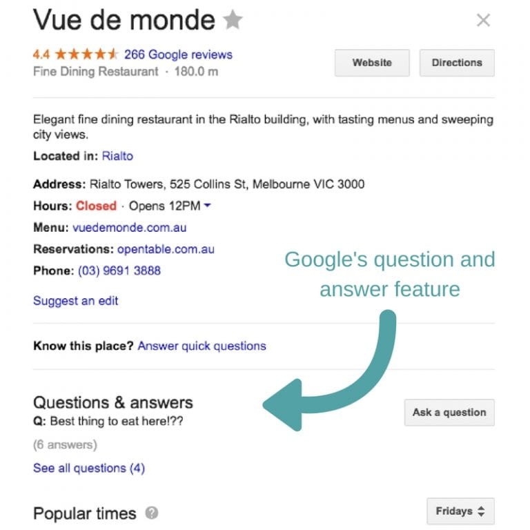 Vue De Monde Google My Business profile