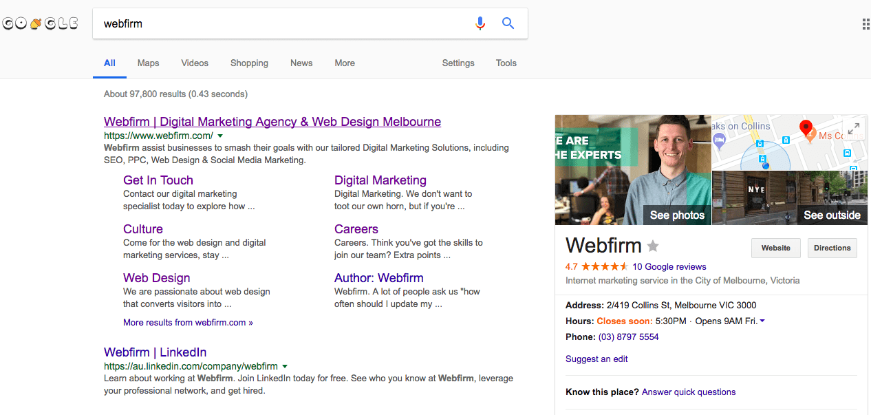 Google My Business search result for Webfirm